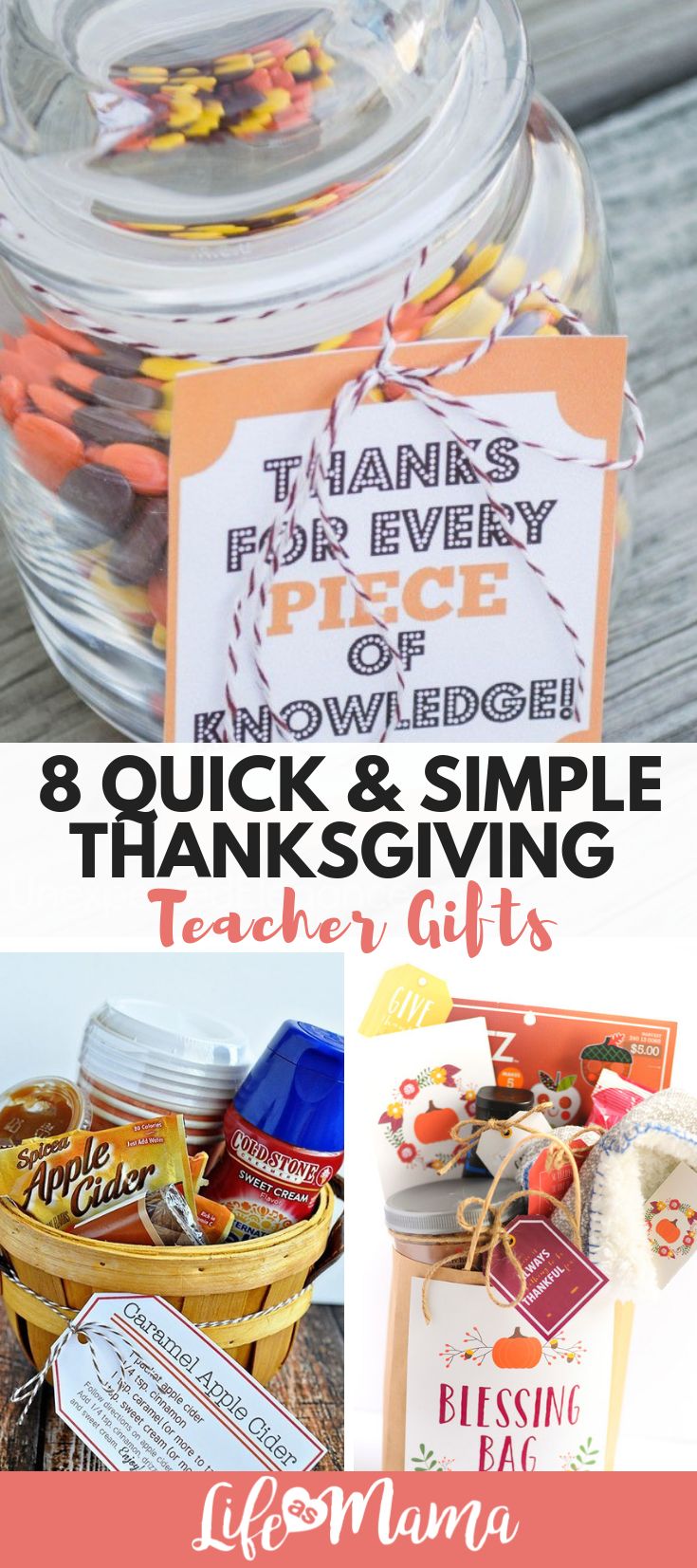 thanksgiving gift in a jar with the words 8 quick and simple thanksgiving gifts inside it