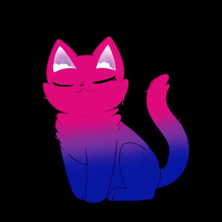 a pink and blue cat sitting in the dark