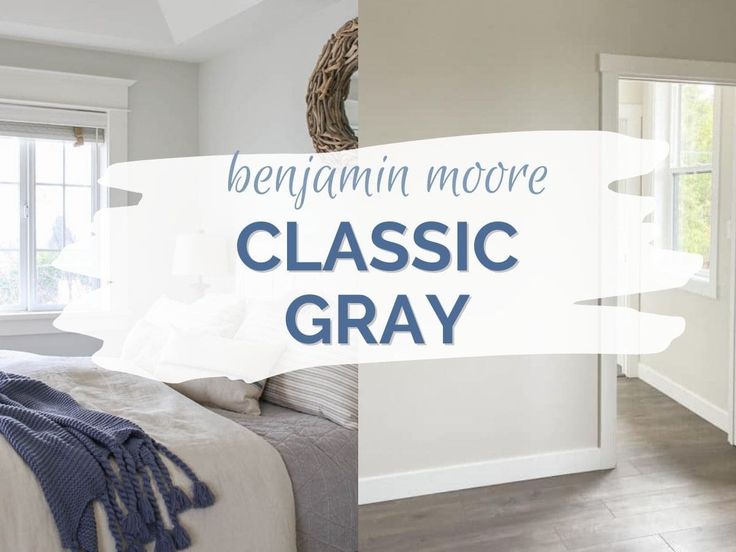 there is a bedroom with white walls and blue accents on the bed, along with text overlay that reads benjamin moore classic gray