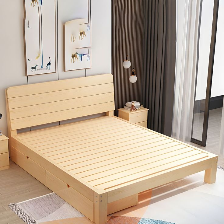 a bed with wooden slats in a bedroom