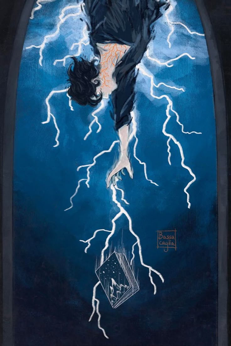 a drawing of a woman floating in the water with lightning coming from her head and arms