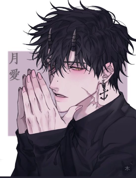 an anime character with black hair holding his hands together