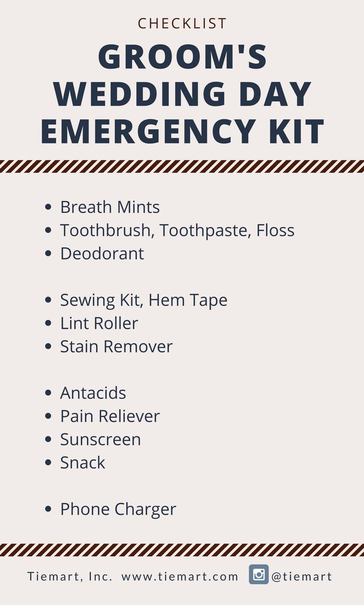 the groom's wedding day emergency kit is shown in white and black with text