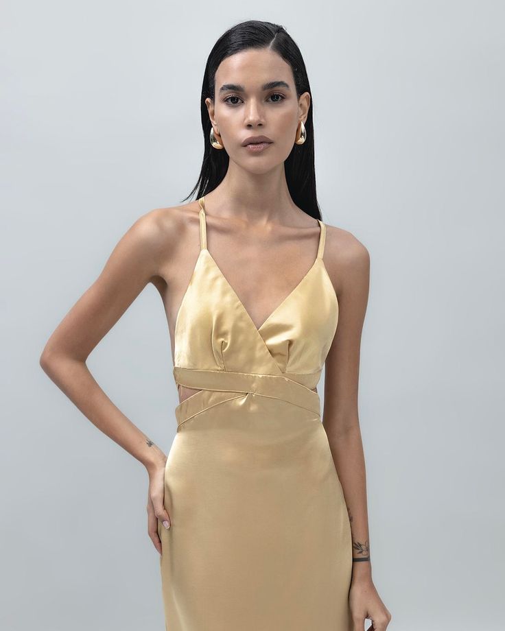 Gold Satin Dress Gold V-neck Midi Dress For Party Season, Fitted Gold Midi Dress For Prom, Sleek Silk Midi Dress For Party, Gold Evening Dress For Night Out, Silk Midi Dress With Spaghetti Straps For Evening, Gold Sleeveless Evening Dress For Night Out, Silk Satin Evening Dress Midi Length, Elegant Midi Length Slip Dress For Prom, Elegant Midi-length Slip Dress For Prom