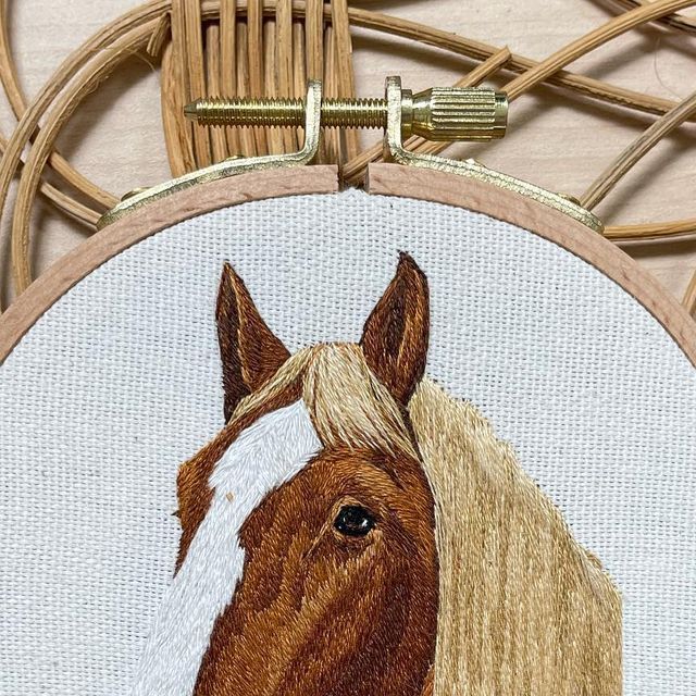 a close up of a horse's face on a embroidery pattern in a hoop