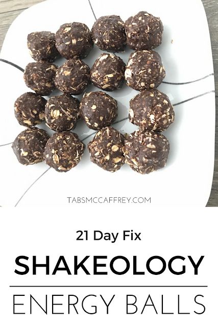 chocolate energy balls on a plate with text overlay reading 21 day fix shakeology energy balls