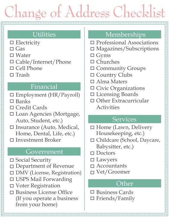 a checklist with the words change of address and other things to do on it