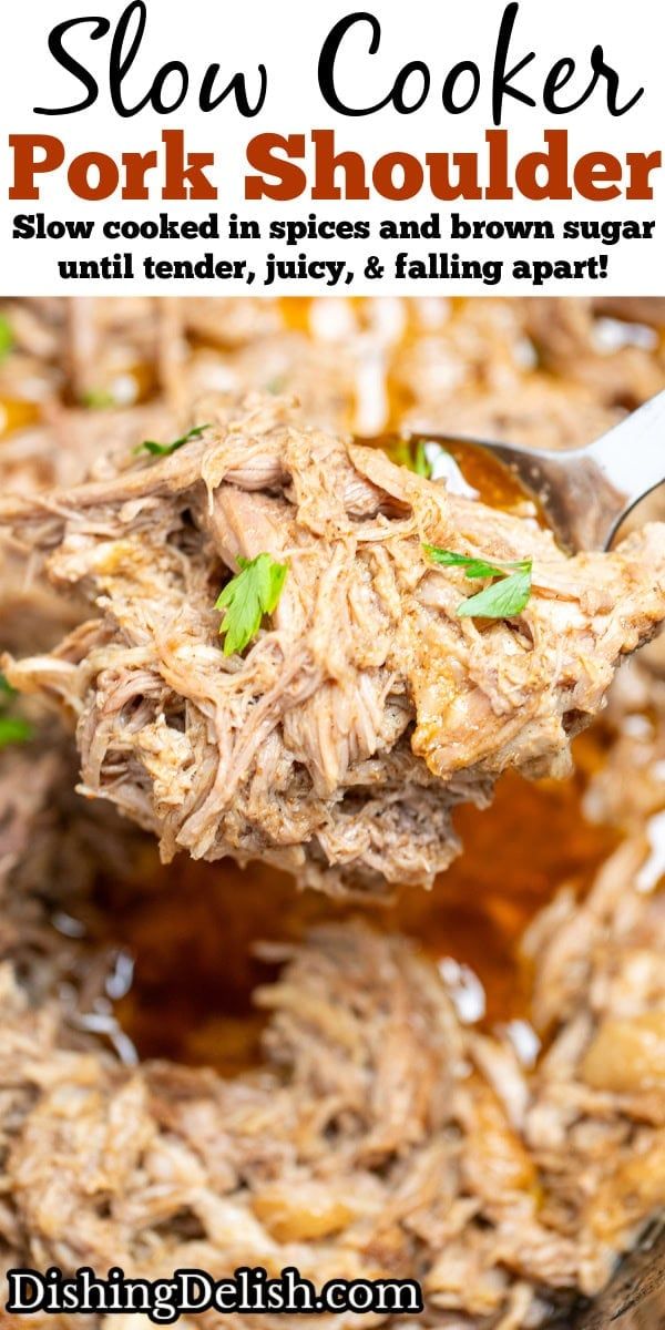 slow cooker pork shoulder is shown in a casserole dish