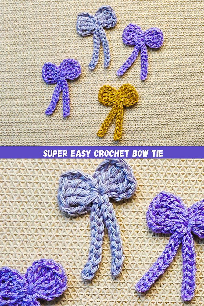 crochet bows are shown in different colors and sizes