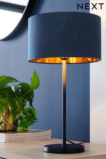 a table lamp with a blue shade on it next to a potted green plant