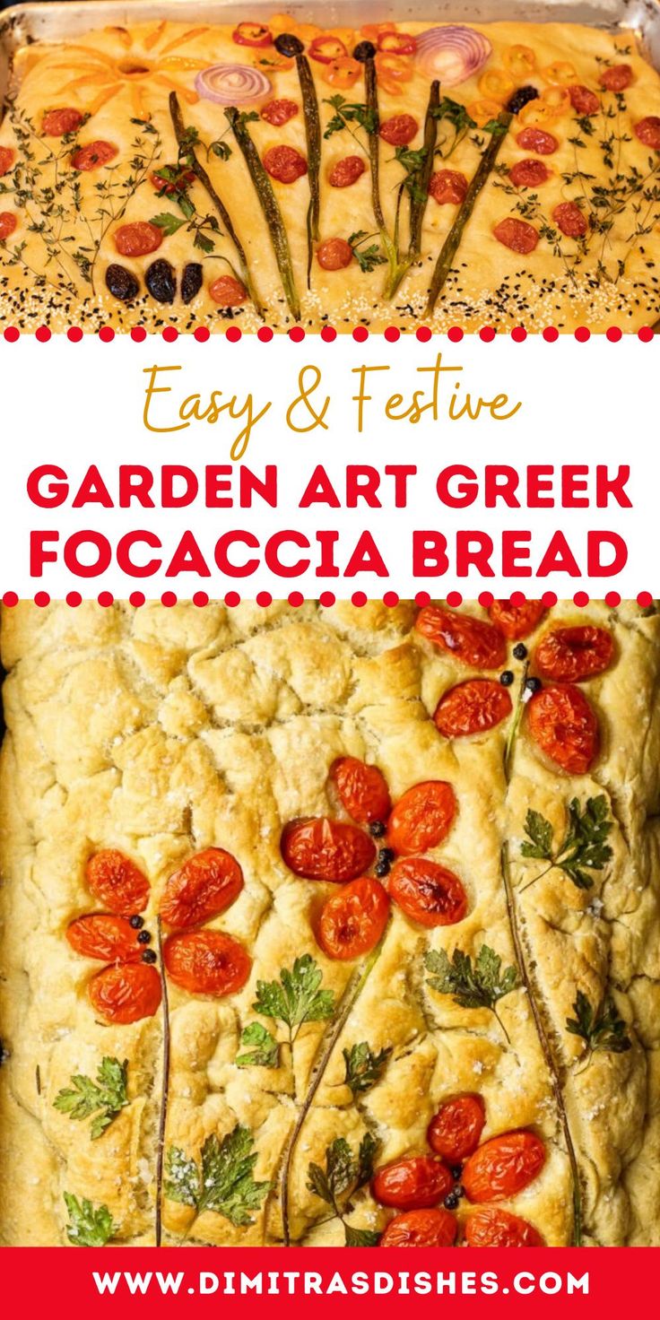 an image of garden art greek focaccia bread with tomatoes and asparagus