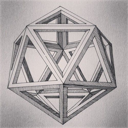 a pencil drawing of a cube with lines on the sides and one point at the top