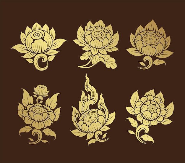 four different types of flowers with leaves and swirls in gold on a brown background