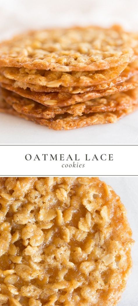 oatmeal lace cookies stacked on top of each other with the words oatmeal lace below