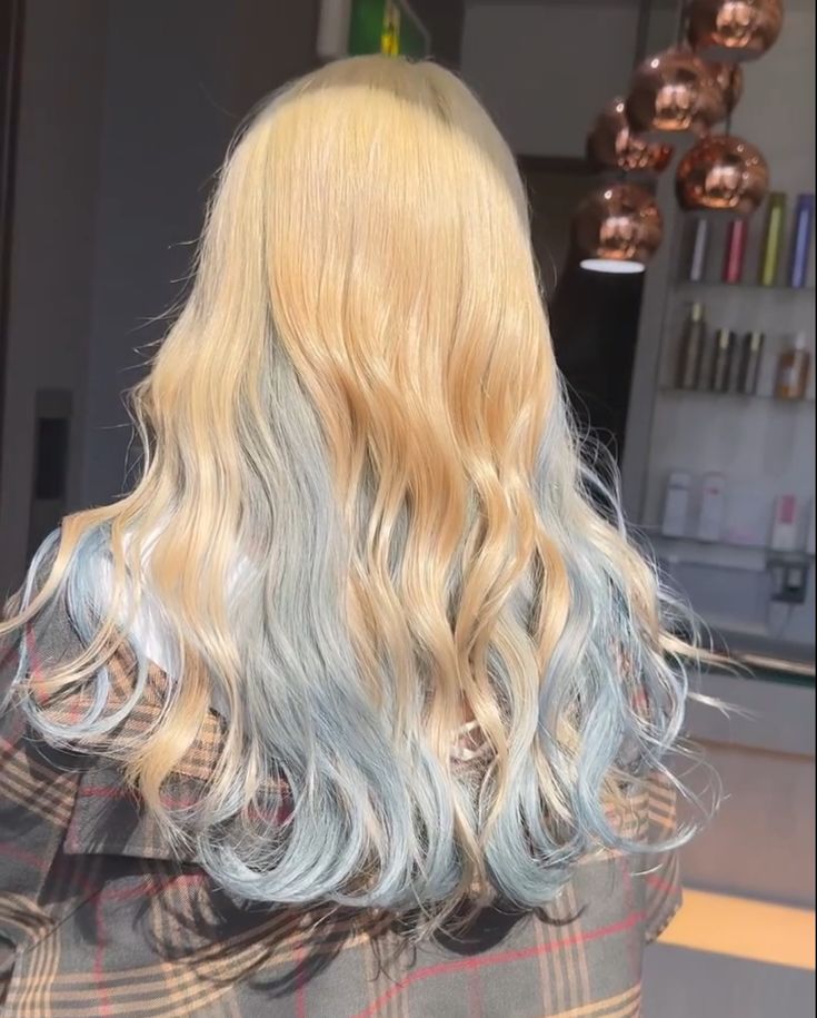 Blonde With Colored Extensions, Blue Hair Color Ideas For Blondes, Pastel Blue Peekaboo Hair, Two Color Hair Dye Ideas Blonde, White Hair With Light Blue Highlights, Pastel Blue And Blonde Hair, Blue Hair On Blond Hair, Blue Tips On Blonde Hair, Blue And Blonde Hair Aesthetic