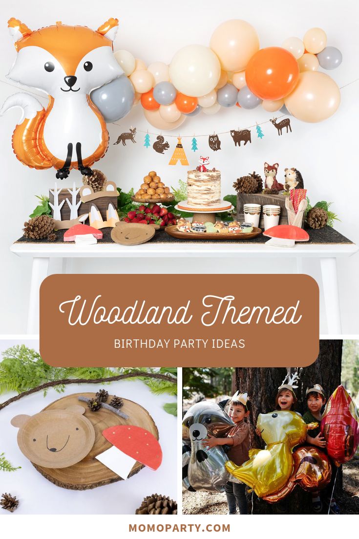 woodland themed birthday party with balloons and decorations