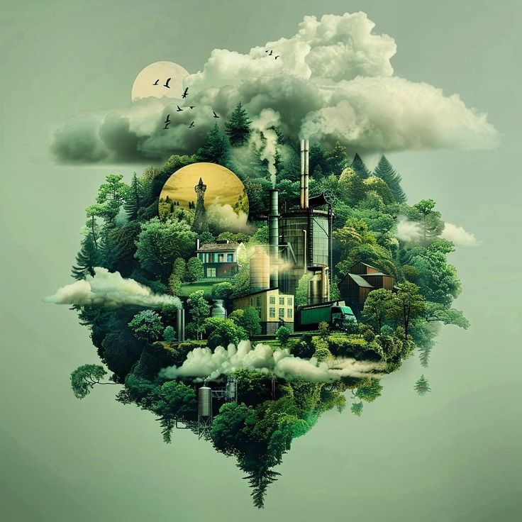 an image of a floating island in the air with trees and buildings on it's surface