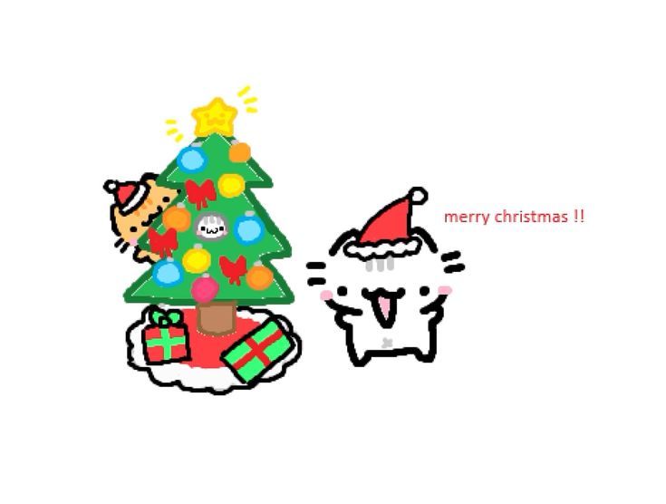 a cartoon christmas tree with santa clause on it's head next to a cat