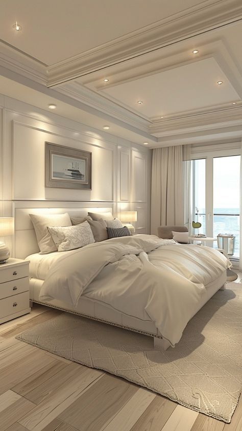 a large white bed sitting inside of a bedroom next to a tall glass window on top of a hard wood floor