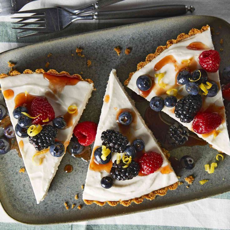 three slices of pie with fruit on top