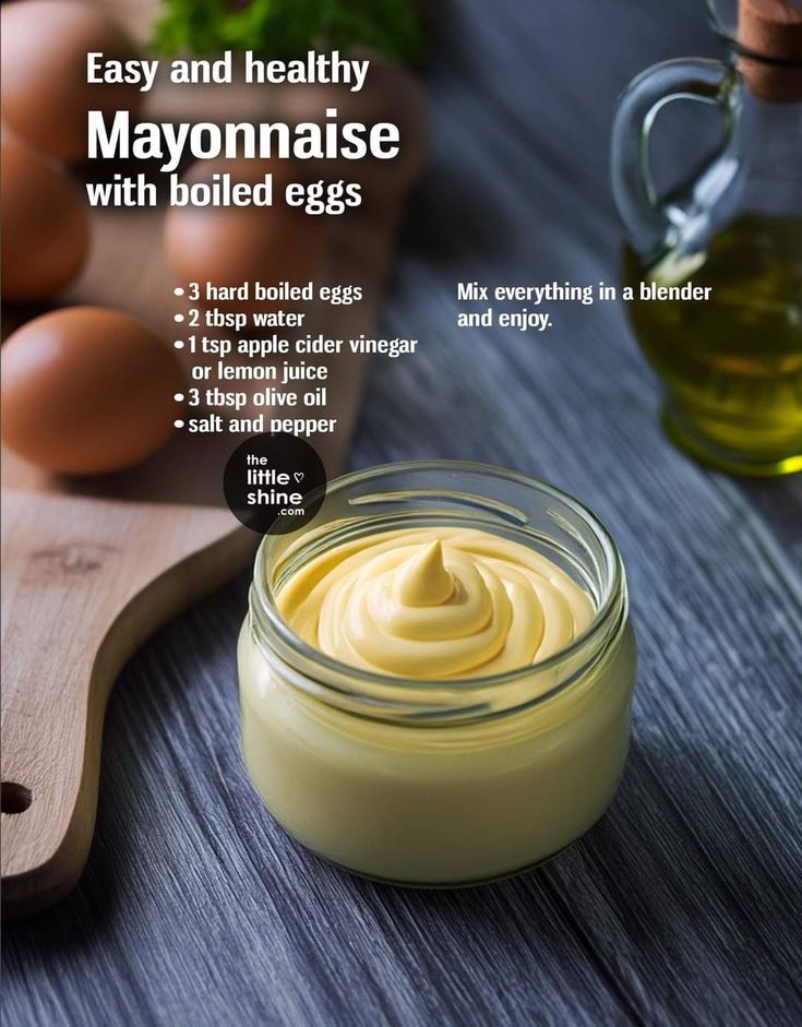 mayonnaise in a glass jar next to eggs on a cutting board with text overlay