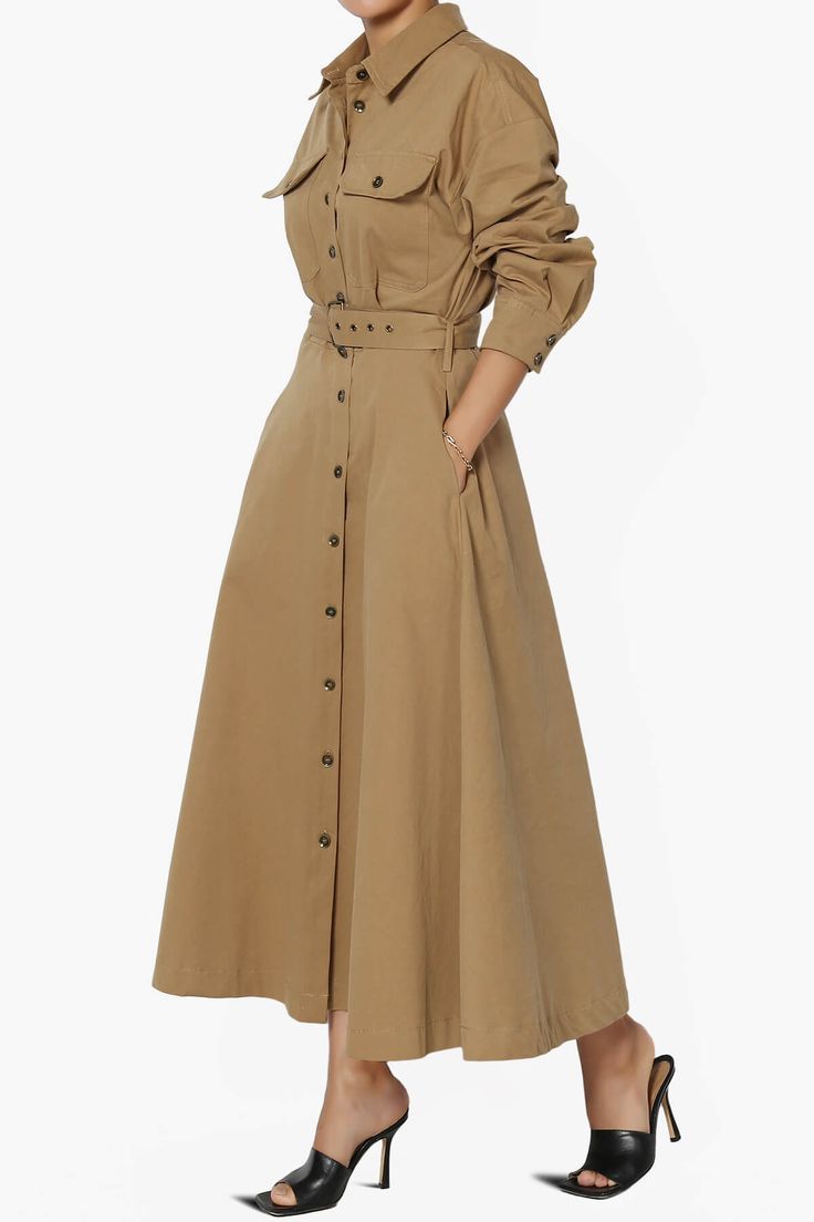 Elevate your wardrobe with this versatile Long Sleeve Maxi Trench Shirt Dress, perfect for business casual to wedding guest attire.Crafted from a cotton twill, it features a modern point collar, button-down front, and a flattering belted waist.The A-line skirt with dual patch chest pockets and side slit pockets adds practicality, while the relaxed sleeves and ankle length maintain a timeless elegance.Ideal for spring through fall, it's machine washable for easy care. Pair with ankle boots or str Long Button Dress, Button Down Dress Outfit, Khaki Dress Outfit, Wedding Guest Attire, Chic Wardrobe, Trench Dress, Button Down Shirt Dress, Maxi Shirts, Guest Attire