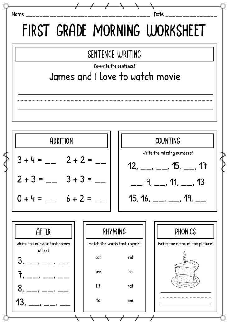 the first grade morning worksheet for students to practice their writing and math skills