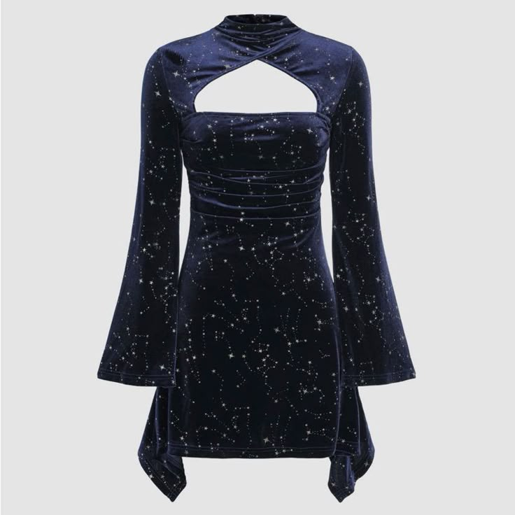 Brand New Bought Wrong Size And Missed Return Date. Vintage Celestial, Blue Velvet Dress, Dark Blue Dress, Eras Tour Outfit, Velvet Dresses, Grad Dresses, Star Dress, Star Pattern, Bell Sleeve Dress