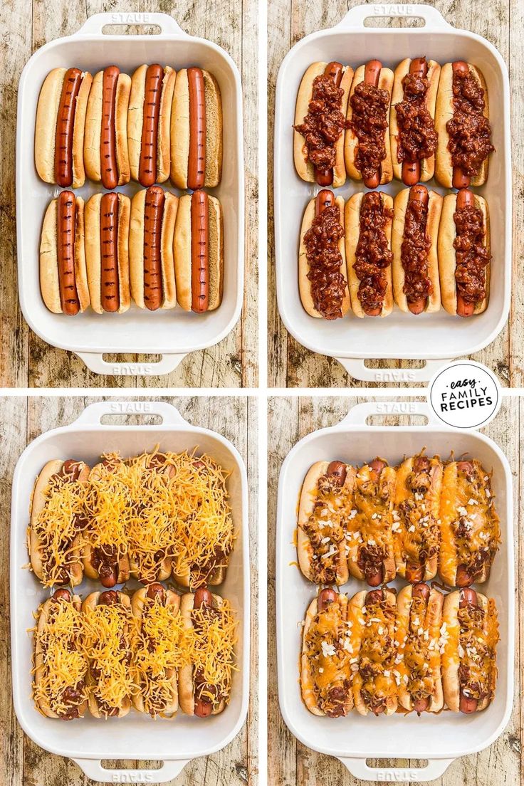 four different types of baked chili cheese dogs in pans with text overlay that says baked chili cheese dogs