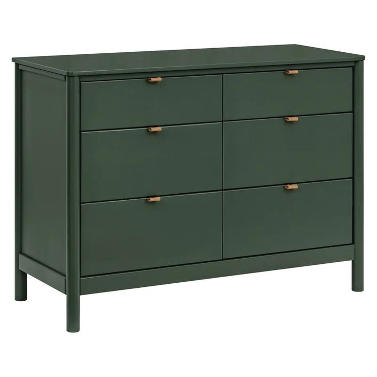 a green dresser with gold handles on it's top and bottom drawers, in front of a white background