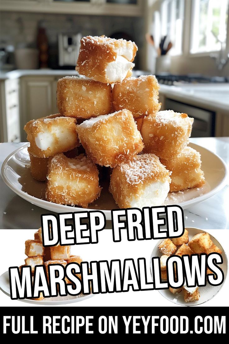 deep fried marshmallows on a white plate with the words, deep fried marshmallows