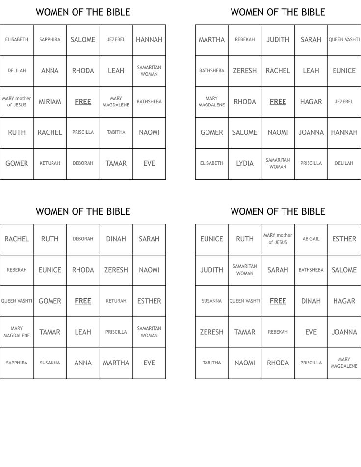 four women of the bible game cards with names and numbers for each card on them