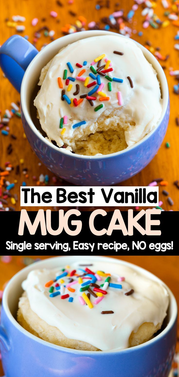 the best vanilla mug cake is in a blue cup with sprinkles on top