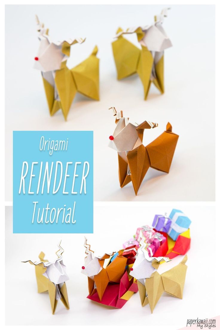 the origami reindeer is made out of paper and sits on top of each other