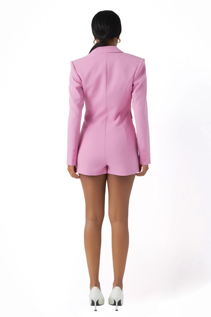 This timeless Blazer Romper is created in a double-breasted style and is lined for your comfort. Double-breasted V-neck Lapel collar Shoulder pads Long sleeve with non-functioning buttons Non-functioning flap pockets Partially lined (unlined sleeves) Concealed side zipper Hand wash cold Do not bleach Do not tumble dry Iron low Shell: 100% Polyester Lining: 100% Polyester TL393D S Total length: 31.5", Bust: 33.5", Inseam: 2" BLACK, BLUE: Height 5’10” / Bust 33” / Waist 24” / Hip 35" LILAC: Height Notched Blazer Dress For Spring, Tailored Notched Blazer Dress, V-neck Outerwear For Business In Spring, Fitted Notched Blazer Dress With Double Button Closure, Tailored Notched Blazer Dress With Double Button Closure, Chic Long Sleeve Suits With Button Closure, Spring Double-breasted Long Sleeve Suits, Fitted Double-breasted Blazer Dress, Fitted Double Button Blazer For Spring