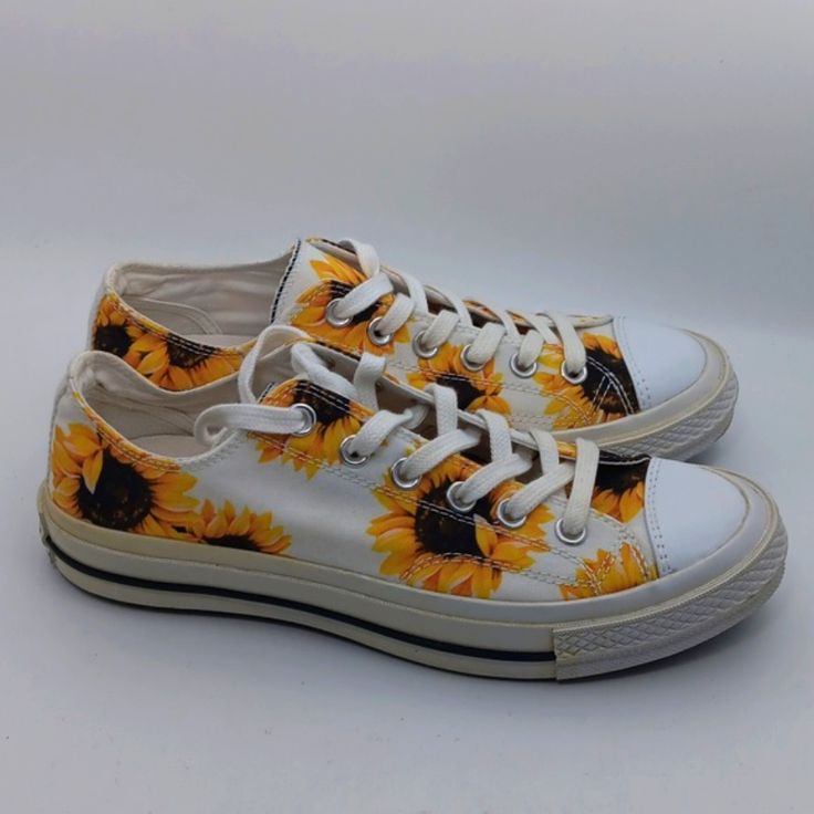 Nwot Excellent Condition Style: Sunflowers Offers Welcomed Sporty Floral Print Sneakers With Round Toe, White Low-top Canvas Shoes For Spring, Floral Print Low-top Sneakers For Streetwear, Trendy White Sneakers With Floral Print, Floral Print Sneakers For Spring Streetwear, Spring Floral Print Sneakers For Streetwear, Trendy White Floral Print Sneakers, White Canvas Shoes With Speckled Midsole For Summer, Trendy White Custom Sneakers For Spring