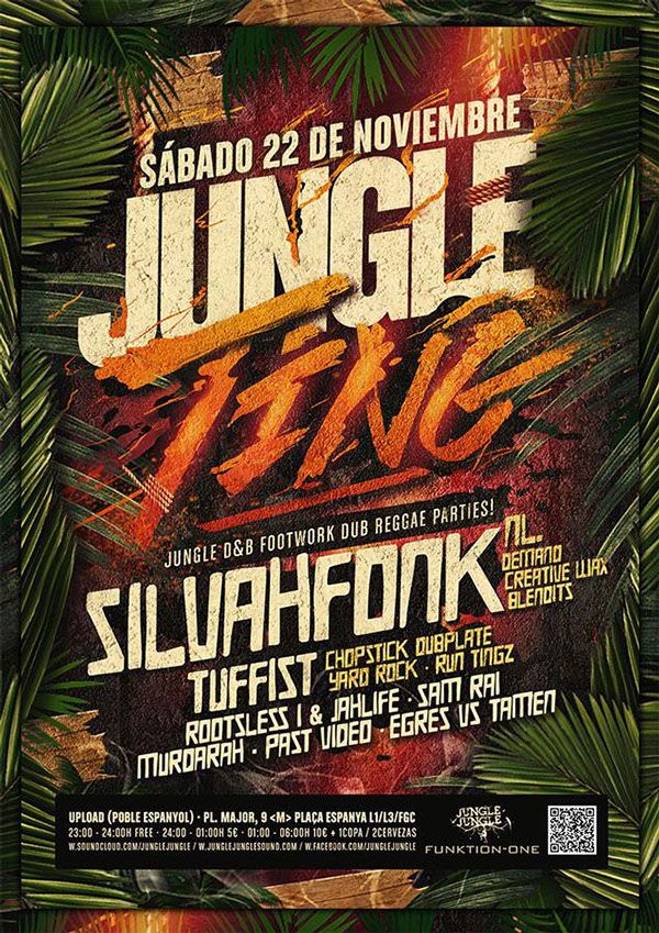 an event poster with tropical leaves and the words jungle trip on it's side