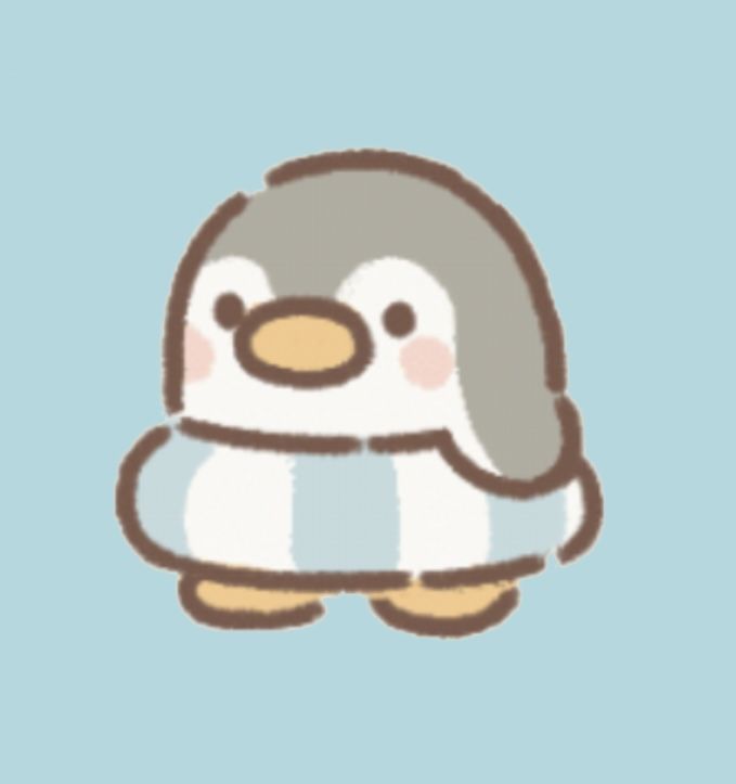 a cute little penguin with a scarf around his neck and eyes closed, sitting on a blue background