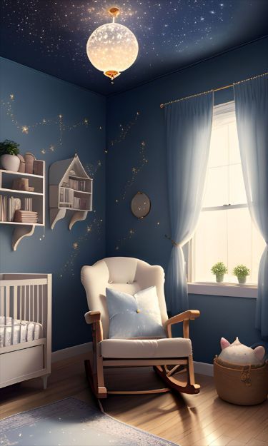 a baby's room with blue walls and stars on the ceiling