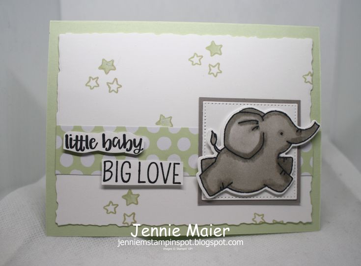 a card with an elephant and stars on the bottom that says little baby, big love