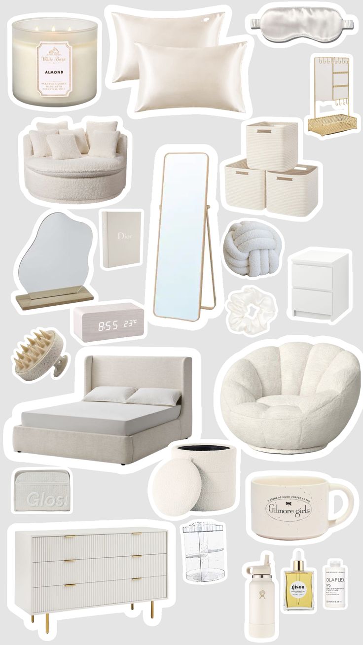 a collage of white furniture and accessories