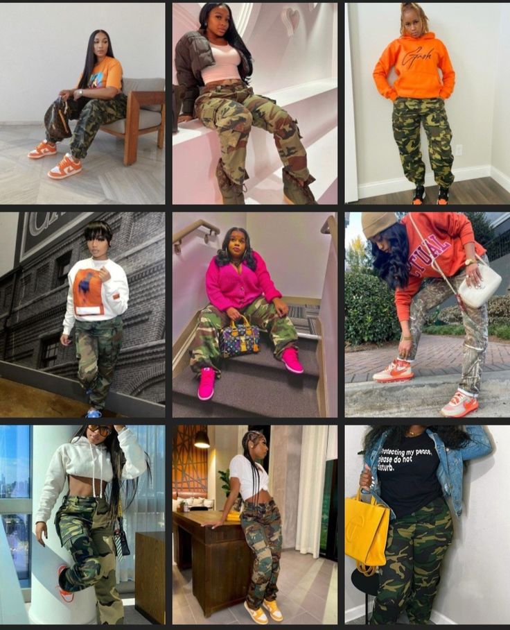 How To Wear Camouflage Pants, Colors That Go With Camo Pants, Camo And Sneakers Outfit, Plus Size Camouflage Pants Outfit, Camouflage Skirt Outfit Black Women, Camoflauge Pants Outfits Black Women, Olive Green Pants Outfit Black Women, Army Fatigue Pants Outfits For Women, Camo Pants With Jordans