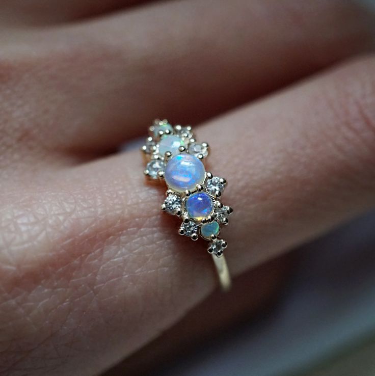 14K Australian Opal Heaven Ring Celestial White Opal Ring, White Opal Celestial Ring, Celestial White Opal Jewelry, Celestial 14k Gold Opal Ring, Celestial 14k Gold Opal Gemstone Ring, 14k Gold Celestial Opal Ring, White Celestial Opal Ring, Gold Opal Ring With Accent Stones, Fine Jewelry Opal And Moonstone Multi-stone Ring