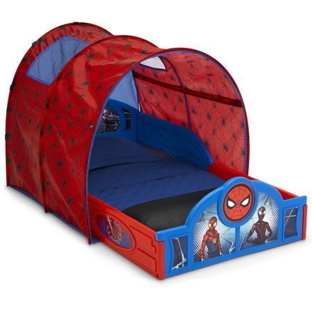 a spiderman tent bed with the door open