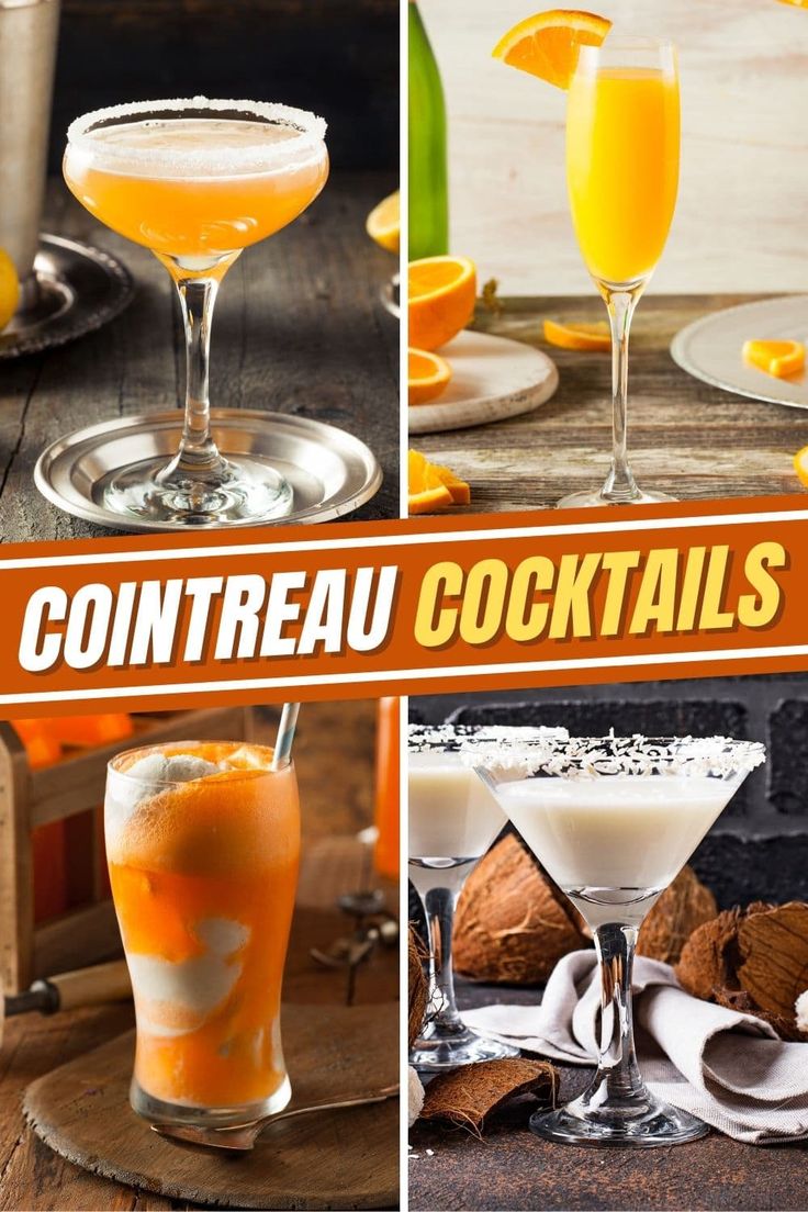 the collage shows different types of cocktails with orange slices and coconut wedges