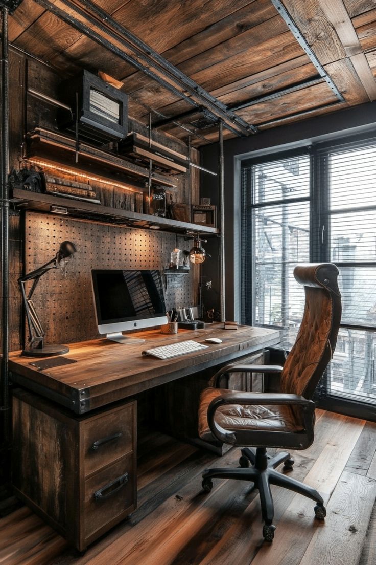 an office with wooden floors and lots of shelves on the wall, along with a computer desk