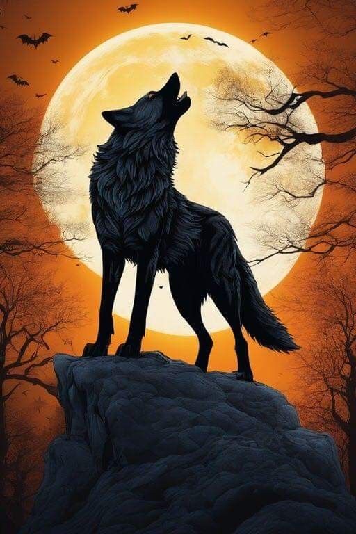 a wolf standing on top of a hill in front of a full moon