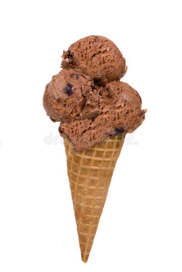 two scoops of chocolate ice cream in a waffle cone on a white background