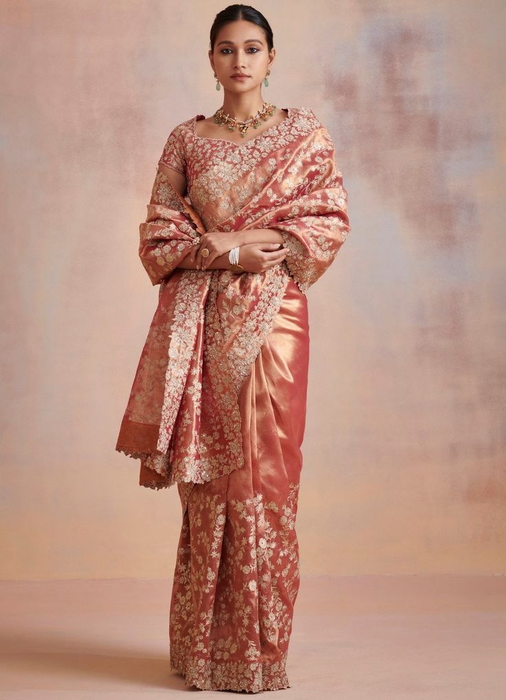 Rust Gold tissue saree With Embroidered blouse Suhino - Fabilicious Fashion Gold Tissue Saree, Seema Gujral, Reception Saree, Formal Saree, Orange Saree, Tissue Saree, Aari Work, Organza Saree, Work Sarees