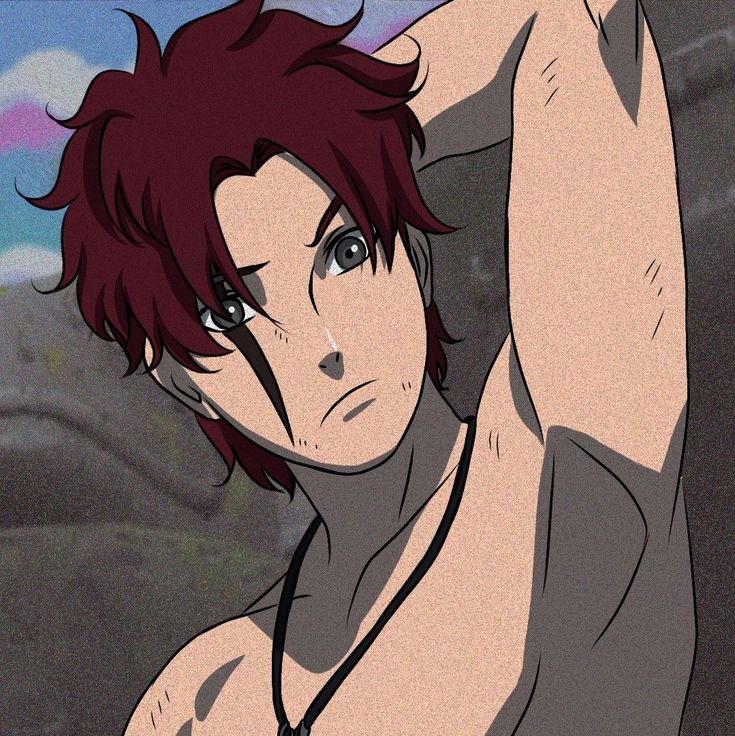 an anime character with red hair posing for the camera